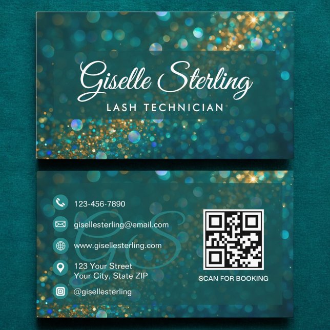 Lash Technician Teal Guld Glitter QR Code Luxury Visitkort (Skapare uppladdad)