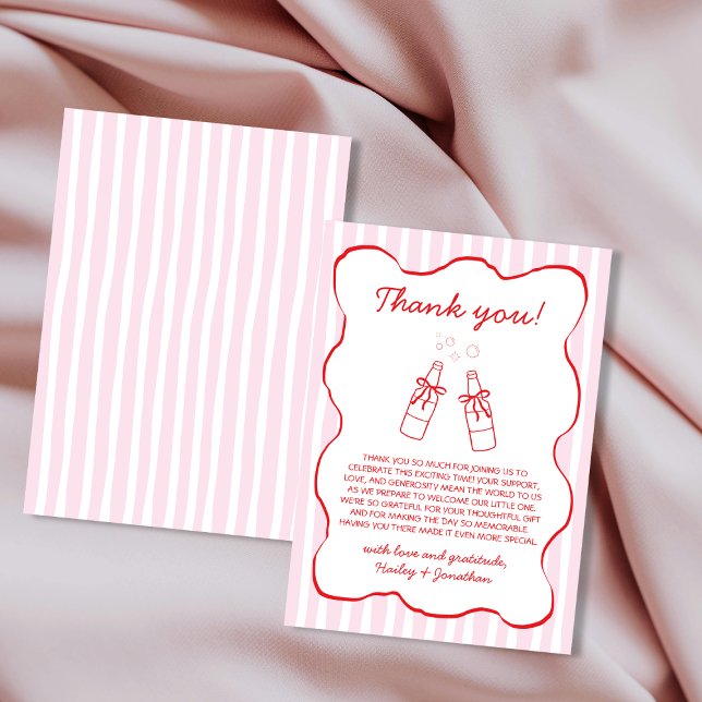 Läskflaska med båge Handritad Rosa & Röd Vågig Tack Kort (Soda Bottle Bow Hand Drawn Pink & Red Wavy Thank You Card)