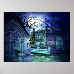 Läskig kyrkogård med kyrkogården och gravar poster