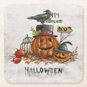 Läskiga pumpor för Halloween vattenfärg Underlägg Papper Kvadrat