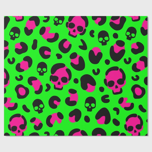 läskigt halloween leopard skalle rosa grönt punk presentpapper (Platt)