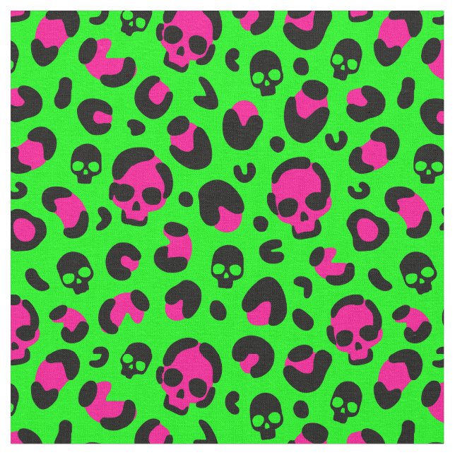 läskigt halloween leopard skalle rosa grönt punk tyg (Närbild)