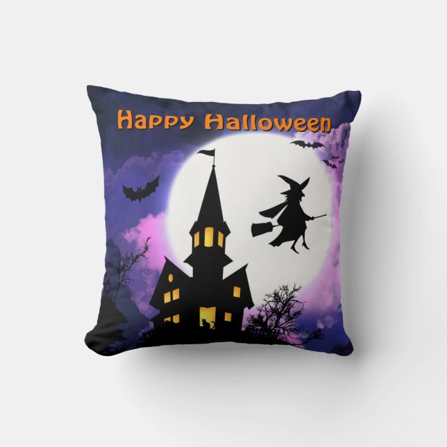Läskigt spökat hus med häxan - happy halloween kudde (Framsida)