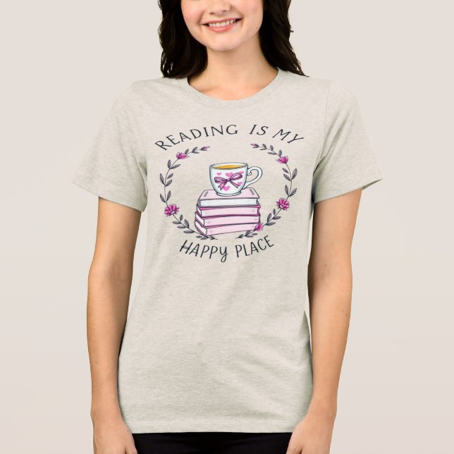 Läsning Är Min Lyckliga Plats Bokälskare T-Shirt (Framsida)