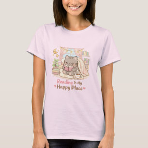 Läsning är min lyckliga plats söta katt rosa t shirt
