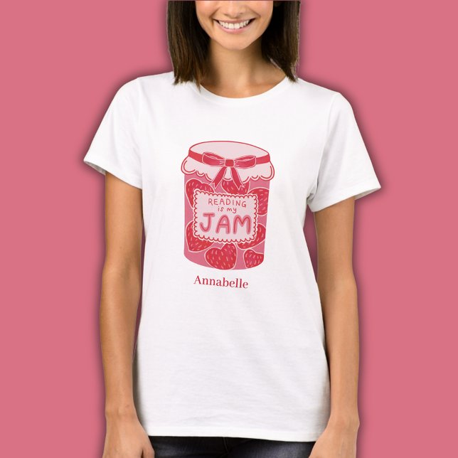 Läsning är min sylt bokälskare t shirt (Custom t-shirt for book lovers with strawberry jam jar Reading is My Jam and personalized text)