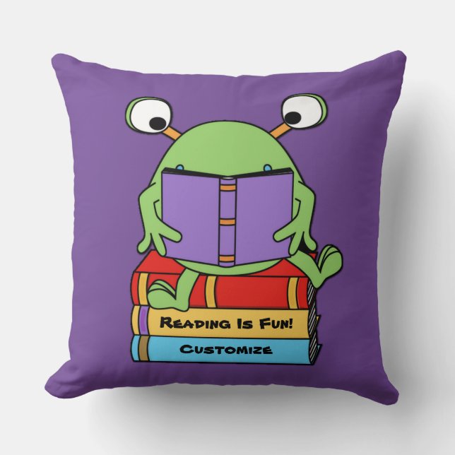 Läsning är Roligt Cute Bok som lyfter Alien Pillow Kudde (Framsida)