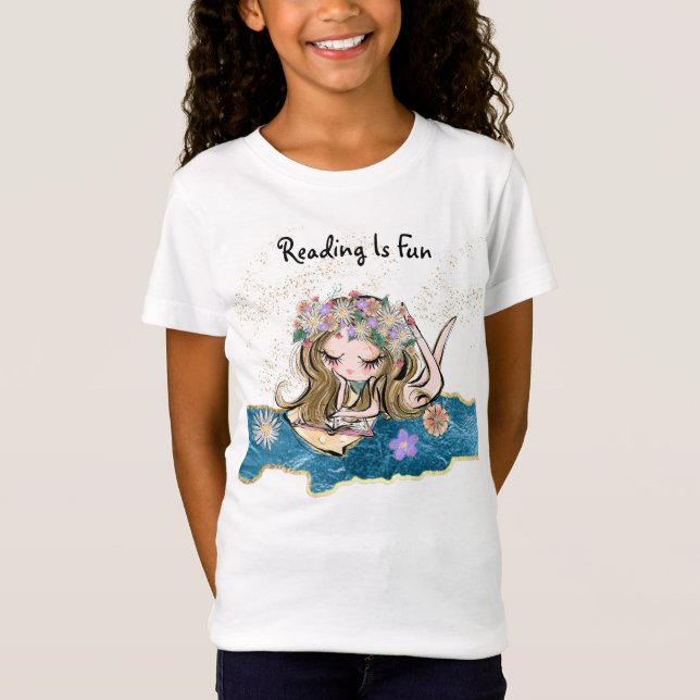 *~* LÄSNING ÄR ROLIGT Flower Girl Child Guld Blue T Shirt (Framsida)