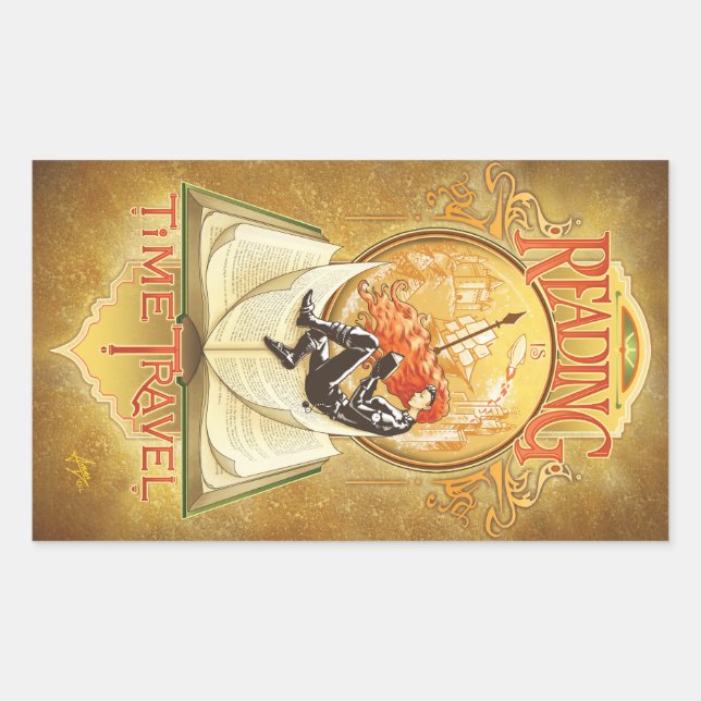 Läsning är tidsresa rektangulärt klistermärke (Framsida)