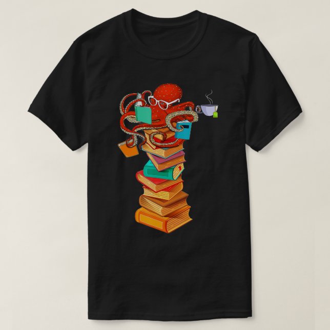 Läsning av bokmasken för Octopus Tea Coffee Bok Äl T Shirt (Design framsida)