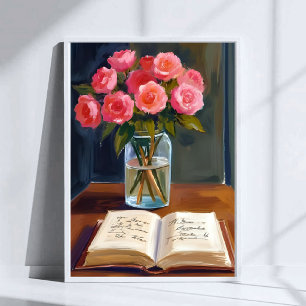 Läsning Hörna Rosa Ros Blomsterbukett Vattenfärg Poster