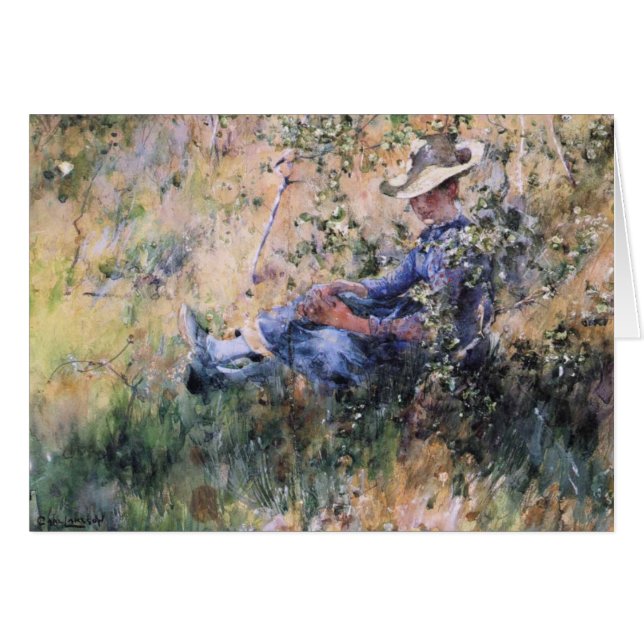 Läsning under Blommar Hawthorne Bush Hälsningskort (Framsidan Horizontal)