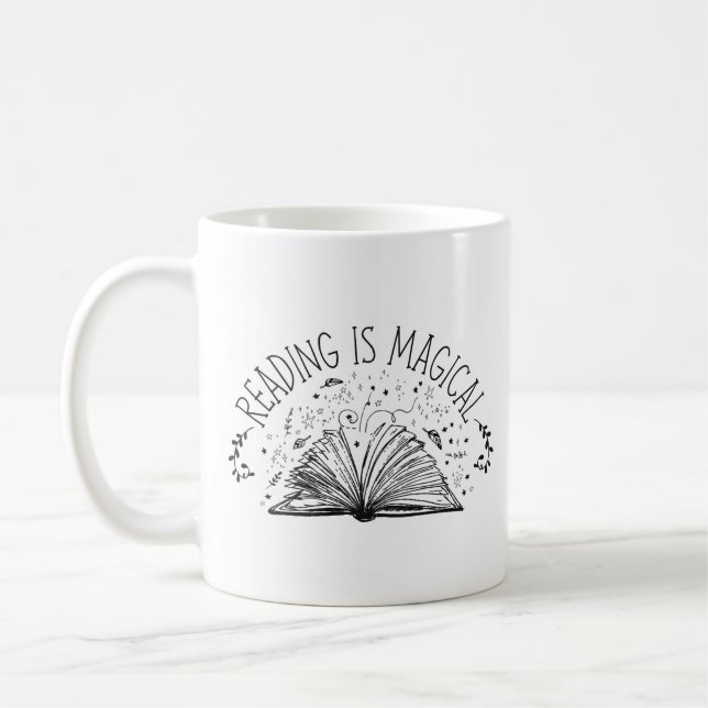 Läsningen i bok är magisk kaffemugg (Vänster)