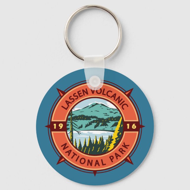 Lassen Volcanic National Park Retro Compass Emblem Nyckelring (Framsida)