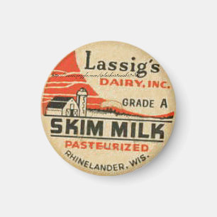 "Lassig's Dairy Skim Mjölk Flaska Cap-1950-talet" Magnet