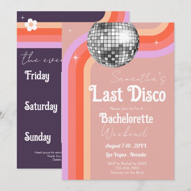 Last Disco Bachelorette Helg Inbjudningar (Fram/baksida)