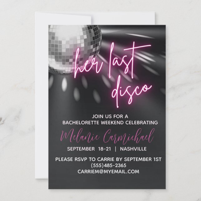 Last Disco Bachelorette Helg Itinerary Inbjudningar (Framsida)