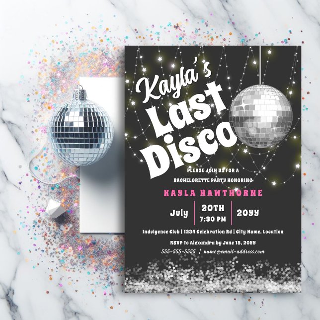 Last Disco Bachelorette Party Inbjudningar (Last Disco Bachelorette Party invitation front view.)