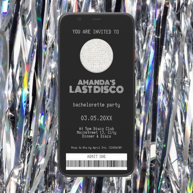 Last Disco Bachelorette Silver Biljett Inbjudningar (last disco silver bachelorette party invitation ticket)