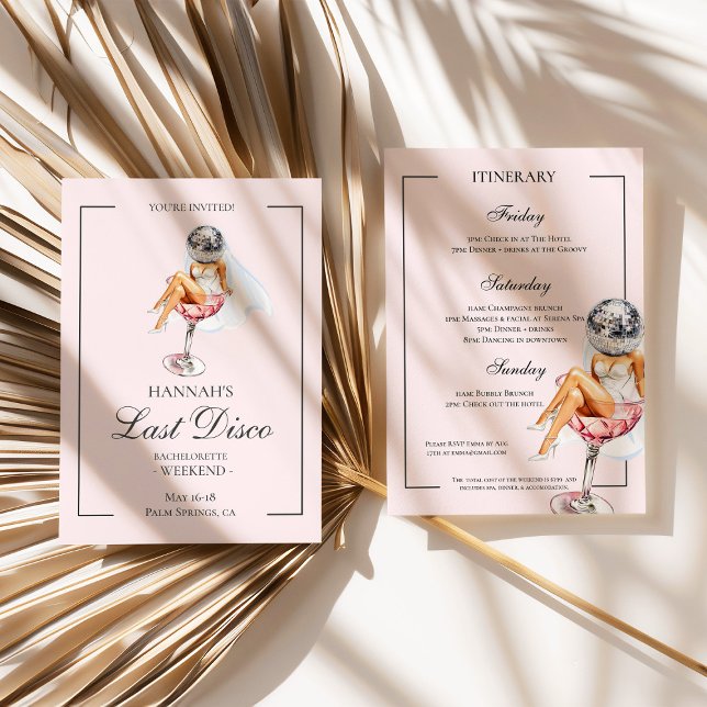 Last Disco Cocktail Bachelorette Inbjudan (Last Disco Bachelorette Minimalist Folded Invite)