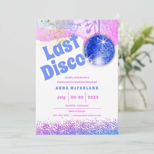 Last Disco Glam Retro Blue Rosa Bachelorette Inbjudningar (Stående Fram)