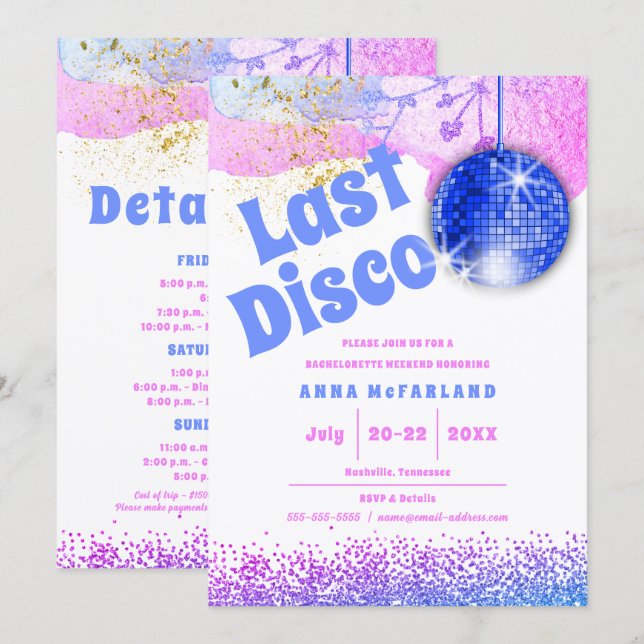 Last Disco Glam Retro Blue Rosa Bachelorette Inbjudningar (Fram/baksida)