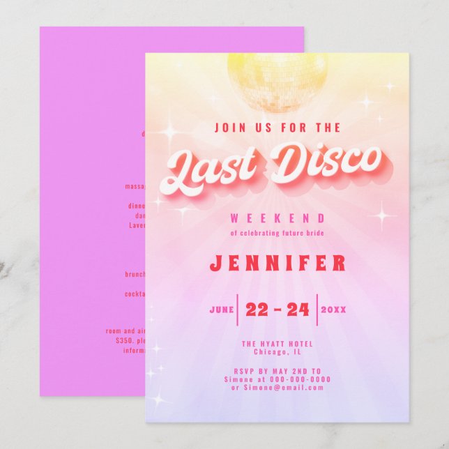 Last Disco Rainbow Retro Bachelorette Helg Inbjudningar (Fram/baksida)