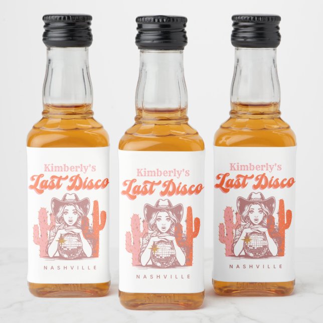 Last Disco Retro Cowgirl Pink Bachelorette Party  Spritflaskor Etikett (Flaskor)
