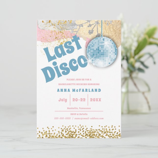 Last Disco Retro Glam Bachelorette Blue Guld Rosa Inbjudningar (Stående Fram)