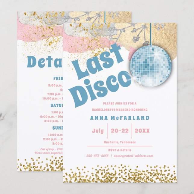 Last Disco Retro Glam Bachelorette Blue Guld Rosa Inbjudningar (Fram/baksida)