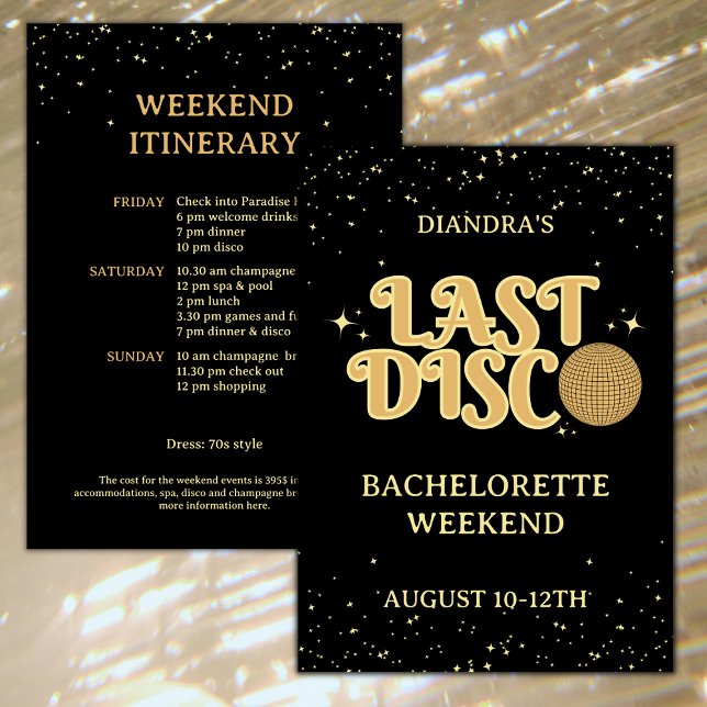 Last Disco Retro Guld Glitter Bachelorette Helg Inbjudningar (Last disco golden glitter bachelorette weekend invitation with itinerary retro font )