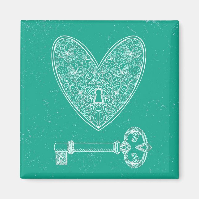 Låst hjärta och Nyckel på Emerald Grönt Background Magnet (Framsidan)