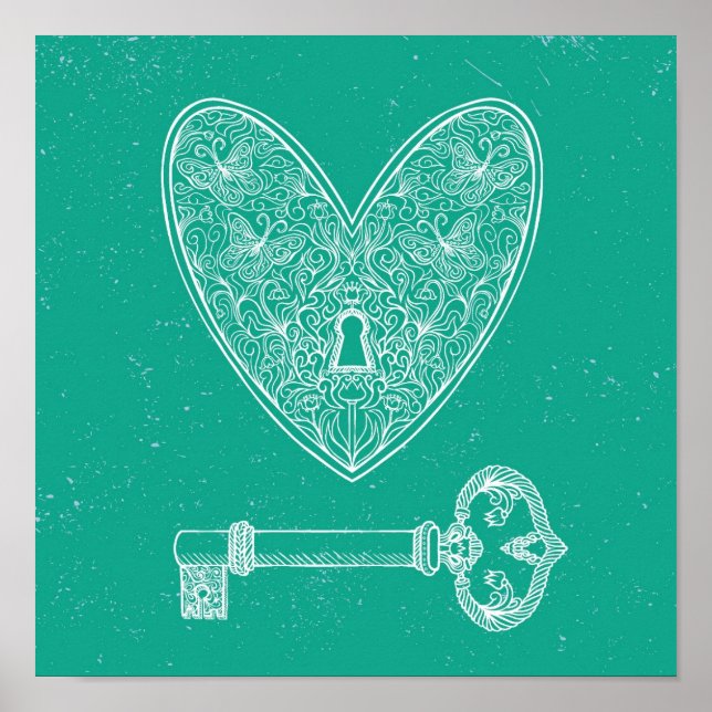 Låst hjärta och Nyckel på Emerald Grönt Background Poster (Framsidan)