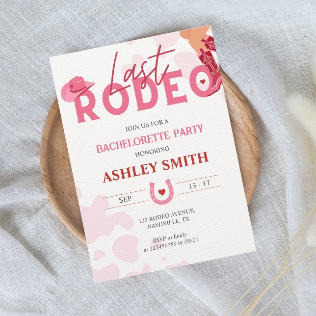 Last Rodeo Bachelorette Party Rosa Cowgirl Inbjudningar (Last Rodeo Pink Red Bachelorette Party Invitation)