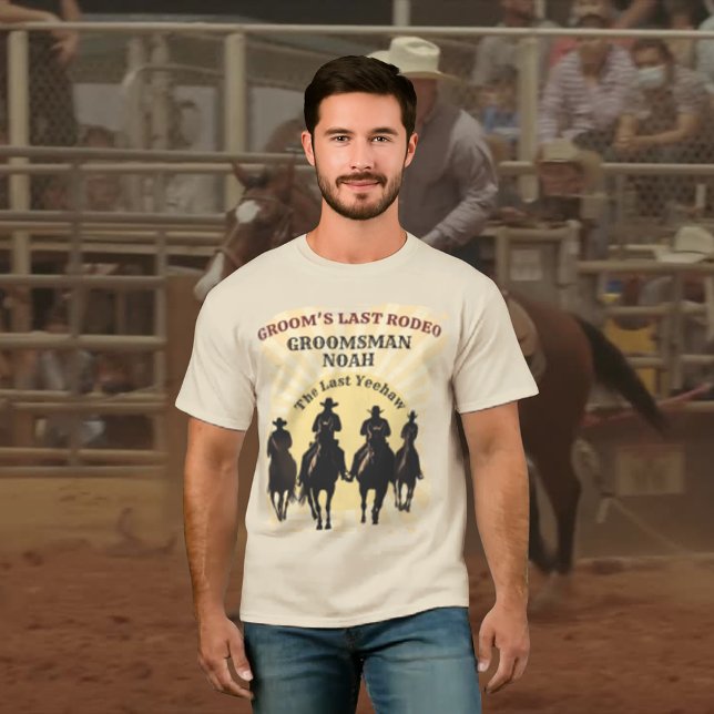 Last Rodeo Cowboys Sunset Groomsman Namn Bachelor T Shirt (Last Rodeo Cowboys Sunset Groomsman Name Bachelor T-Shirt)