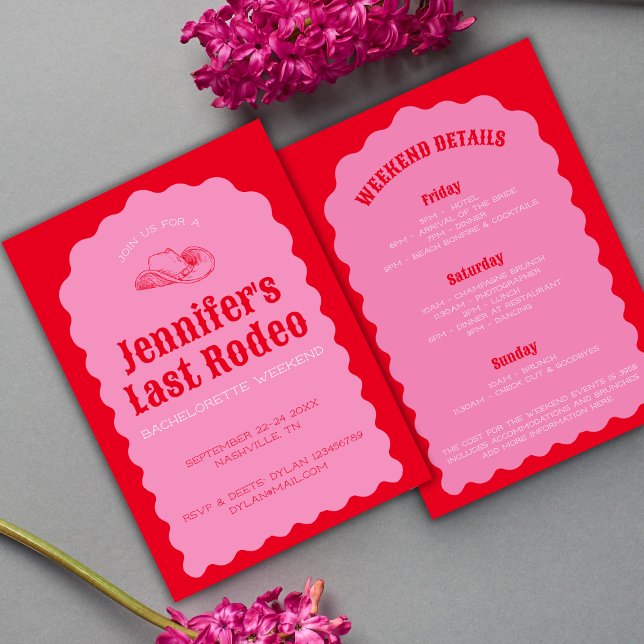 Last Rodeo Cowgirl Bold Red & Rosa Bach Helg Inbjudningar (Last Rodeo Cowgirl Bold Red & Pink Bach Weekend Invitation)