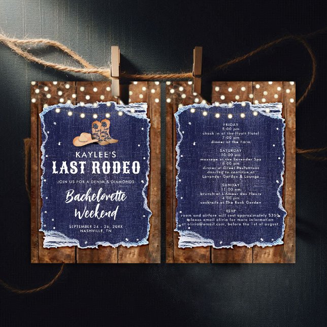 Last Rodeo Denim Diamonds Cowgirl Bachelorette Inbjudningar (denim and diamonds bachelorette party invitation itinerary rustic wood blue white cowgirl hoedown)