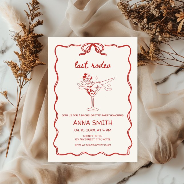 Last Rodeo Hand-dragen Cowgirl Red Bachelorette Inbjudningar (Last Rodeo Bachelorette Party Nash Bash, Giddy Up, Let's go girls, hand-drawn invitation Cowgirl)