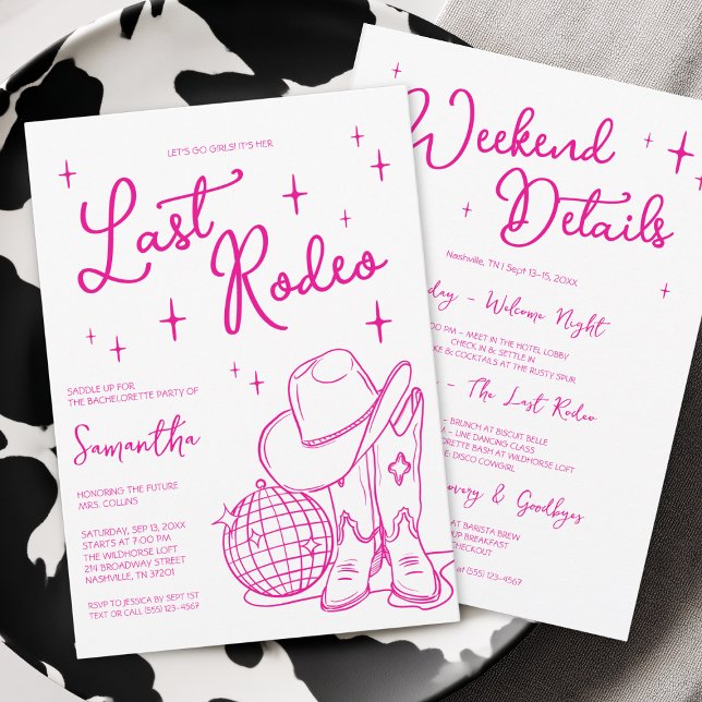 Last Rodeo Rosa Cowgirl Bachelorette Party Helg Inbjudningar (Last Rodeo Pink Cowgirl Bachelorette Party Weekend Invitation)