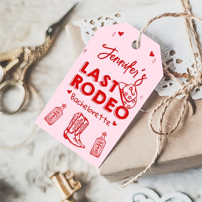 Last Rodeo Rosa Red Cowgirl Bachelorette Party Presentetikett (Skapare uppladdad)