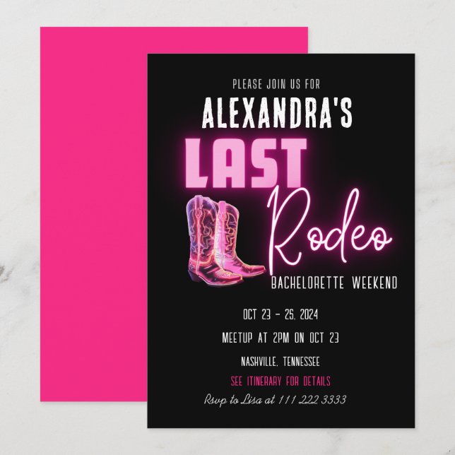 Last Rodeo Shock rosa Neon CowboyBoots Bachelorett Inbjudningar (Fram/baksida)