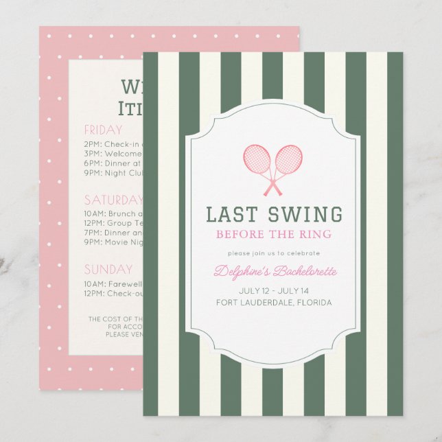 Last Swing Tennis Green Stripe Bachelorette Inbjudningar (Fram/baksida)