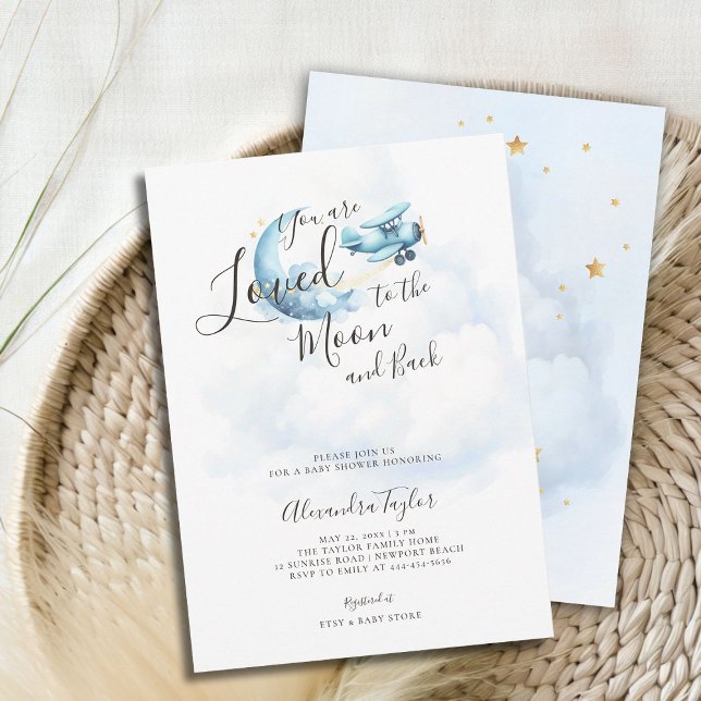 Låst till Måne Blue Clouds Airplan Pojke Shower Inbjudningar (loved to the moon baby boy shower invitation airplane blue clouds gold stars watercolor cute sweet)