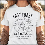 Last Toast Halloween Bachelorette Party T Shirt<br><div class="desc">This design features the phrase “last toast with the ghosts” with established year,  name and location in black typography with cute hand-drawn Halloween themed doodle art.  Perfect for the bridesmaids to wear for a spooky themed bachelorette party or bachelorette party on Halloween.</div>