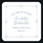 Last Toast on the Coast Bachelorette Party Blue Fyrkantigt Klistermärke<br><div class="desc">Seal up your seaside celebration with these coastal bachelorette favor stickers. Featuring soft blue seashell illustrations, a dotted-line border, and elegant curved text, they’re perfect for customizing party bags, mini champagne bottles, or thank-you gifts. Personalize with her name, date, and destination for a chic “last toast on the coast” send-off....</div>