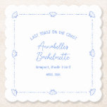 Last Toast on the Coast Bachelorette Party Blue Underlägg Papper<br><div class="desc">Set the scene for her last toast on the coast with these elegant coastal bachelorette coasters. Featuring delicate blue seashell sketches and a dotted-line border on a crisp white background, this design brings a breezy nautical vibe to beach house weekends, yacht parties, and seaside celebrations. Perfect for drinks by the...</div>
