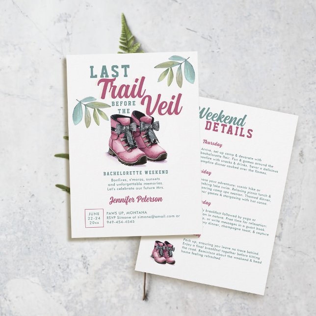 Last Trail Veil Camping Camp Bachelorette Party Inbjudningar (last trail before the veil camp bachelorette ideas hiking boots pink green teal watercolor camping)
