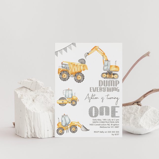 Lastbil - allt byggande 1:a födelsedag inbjudningar (Dump everything 1st birthday invitation, Construction 1st birthday invitation, Construction party)