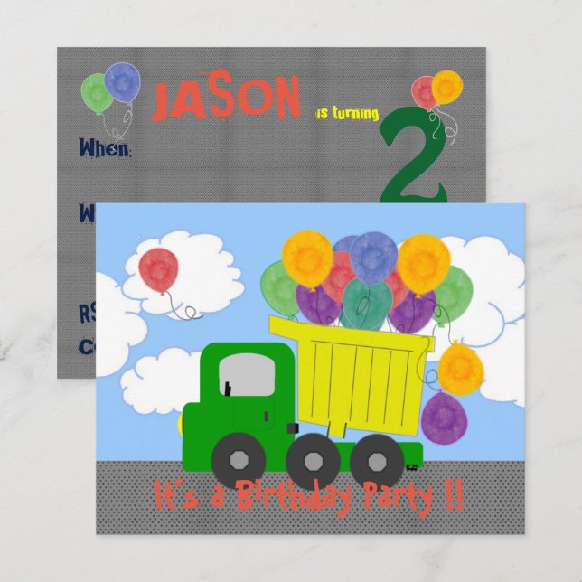 Lastbil Balloons Birthday Inbjudan (Fram/baksida)