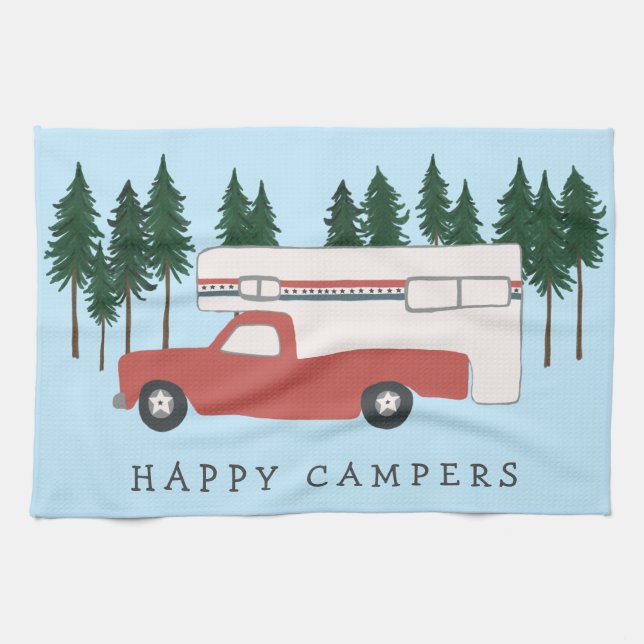 Lastbil Camping RVing Motorhome Red Träd Whimsical Kökshandduk (Horisontell)
